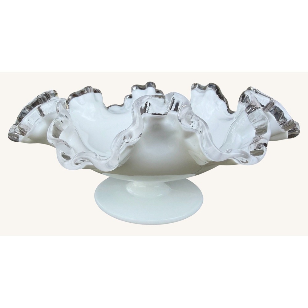 Vintage Fenton Silver Crest Milk Glass Ruffled Compote Pedestal Bowl 8.5"